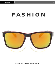 Detail of square sports sunglasses with black frames and orange mirrored lenses