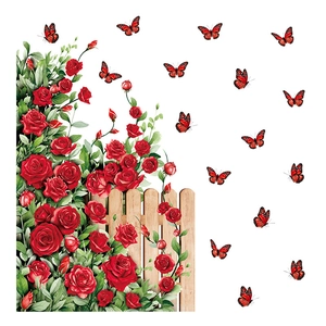 Removable PVC wall sticker with red roses, green leaves and butterflies on a wooden fence