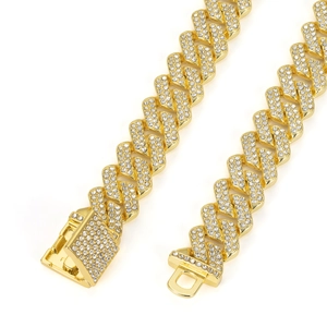 Macro view of 14mm golden diamond Cuban link chain with secure clasp and rhinestones