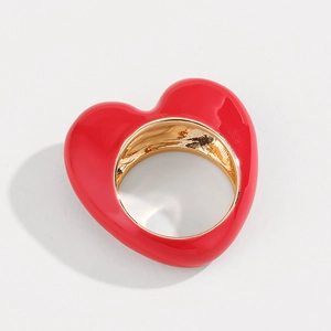 Minimalist red heart enamel ring with golden wide band in polished metal finish