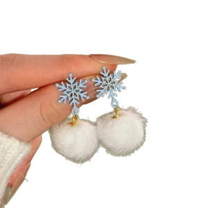 Winter light blue snowflake earrings with white plush pom poms for women