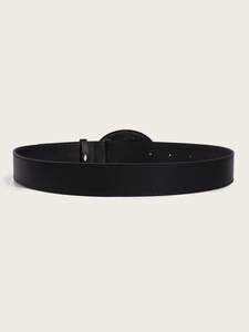 Trend black leather punk belt featuring an intricate engraved metal buckle for casual wear