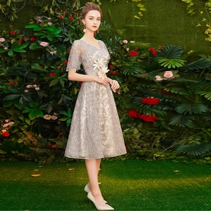 Elegant grey V-neck lace embroidery evening dress with flare sleeves and A-line silhouette