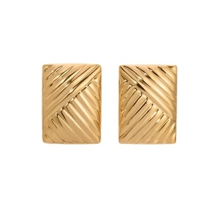 14k gold geometric rectangular stud earrings with elegant pleated textured surface