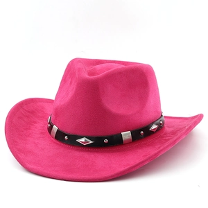 Detailed view of fuchsia faux suede cowboy hat with studded black leather band