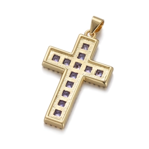 Close-up of gold-plated cross pendant featuring square purple cubic zirconia stones