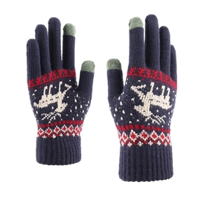 Navy blue knitted winter gloves with Nordic reindeer pattern and touch screen fingertips