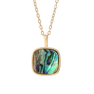 Elegant 18K gold-plated necklace featuring a square iridescent shell pendant on white backdrop