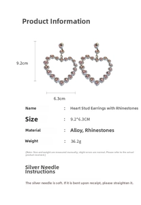 Detailed view of oversized pink rhinestone heart earrings with size 9.2cm x 6.3cm measurements
