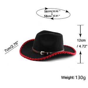 Guide des tailles détaillé pour chapeau en laine noir avec coutures rouges et mesures