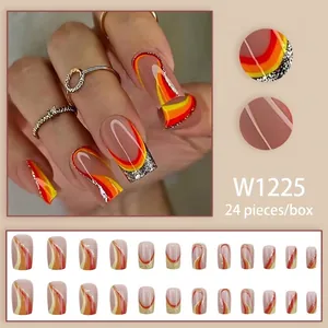 Long ballerina press-on nails with red, orange and yellow wave glitter stripes