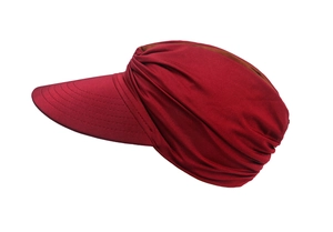 Detailed view of stitching on dark red wide brim sun visor hat with fabric pleats