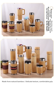 Various bamboo stainless steel mugs and thermal flasks on minimal display stand