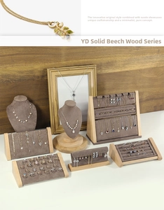Solid beech wood jewelry display set with brown microfiber pads for necklaces and rings