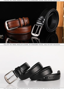 Detail view of men's genuine leather belts in black and brown with alloy pin buckles
