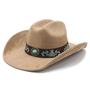 Chapeau fedora jazz en daim bohème kaki avec bande ethnique et pierre turquoise
