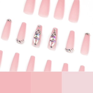 Extra lange matte roze press-on nagels in ballerina vorm met strass-steentjes