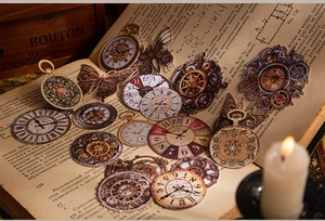 Macro shot of steampunk clock and butterfly stickers on a vintage manuscript background