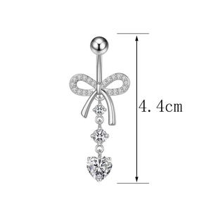 Silver bow belly button ring with heart-shaped pendant and cubic zirconia, 4.4cm length