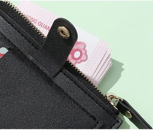Macro detail of lychee texture PU leather wallet with zipper and round metal snap button