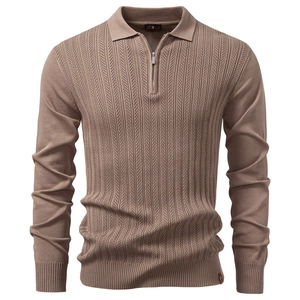 Detail of khaki men's knit polo sweater featuring a vertical stripe texture and half-zip