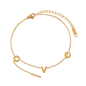 Minimalist 18KGP gold plated anklet featuring LOVE lettering and geometric bar pendants
