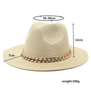 Detail showing dimensions of straw fedora hat with a decorative two-tone metal chain