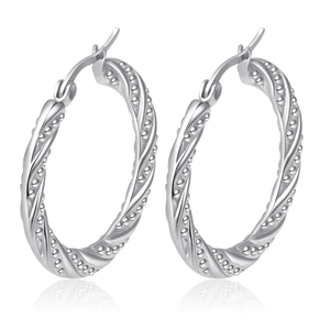 Silver twisted hoop earrings for women featuring embossed bead textures and polished finish