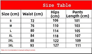 Detailed size chart for classic sweatpants showing waist, hip, and length in centimeters