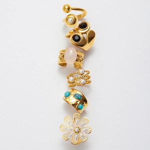 Bohemian gold stainless steel rings set featuring natural stone, pearls, and floral designs