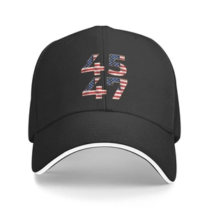 Black baseball cap with 45 47 numbers featuring American flag pattern embroidery