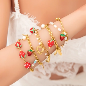 Stainless Steel Bracelet Women Gold Plated Red Strawberry Enamel Fruit Heart Sun Pendant Waterproof Fashion Jewelry