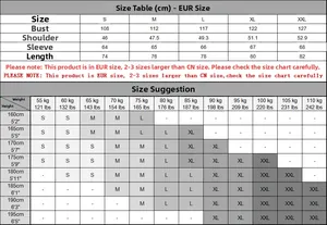Detailed size chart for slim fit cotton linen shirts in European sizes S-XXL with measurements