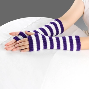 Detail shot of purple and white striped knit fingerless arm warmers on white fabric