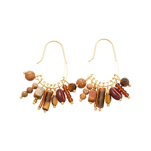 Vintage 18k gold plated bohemian tassel earrings with earth-toned stone beads on white background