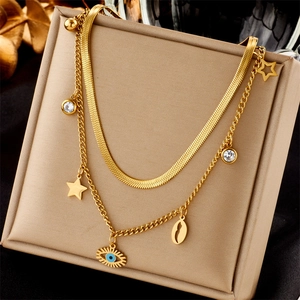Collana a strati dorata con catena piatta a serpente e ciondolo occhio di Allah