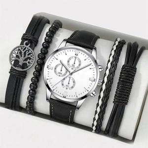 Men's fashion watch and four leather bracelets set in a professional gift box