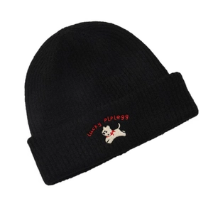 Black knit beanie with cute puppy embroidery and Lucky lettering for winter warmth
