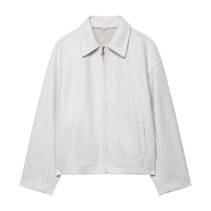 Veste chic blanc cassé en similicuir avec fermeture éclair et col rabattu au style américain