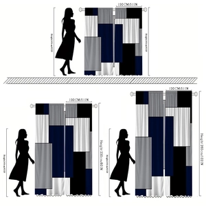 Navy blue geometric checkered blackout curtains in three length options with size guide