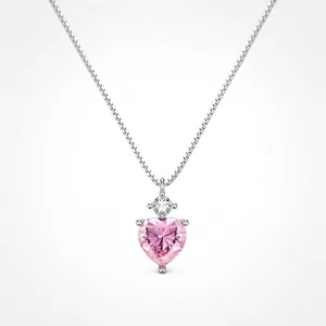 925 Sterling Silver Pink Heart Zirconia Pendant Necklace For Women Elegant Clavicle Chain Fashion Jewelry Accessory Gift