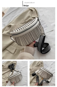 Close-up of beige PU leather waist bag with metal studs, tassels and geometric strap