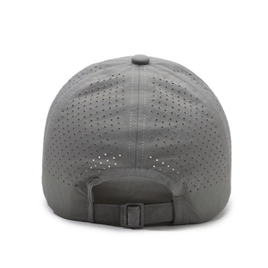 Rear view of dark grey quick-dry baseball cap with laser-cut breathability holes