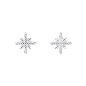 Pair of minimalist S999 sterling silver eight-pointed star stud earrings on white background