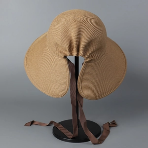 Women's back split bow straw hat with wide brim for sun protection and ponytails