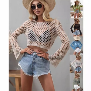 Women Crochet Hollow Out Knit Sweater Flare Sleeve Round Neck Summer Beach Vacation Crop Top Pullover Cover Up