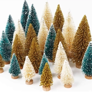 Miniature glitter Christmas trees in gold and green with wooden base for table decor