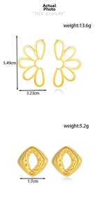 Detailed view of gold stainless steel flower and geometric earrings with dimensions