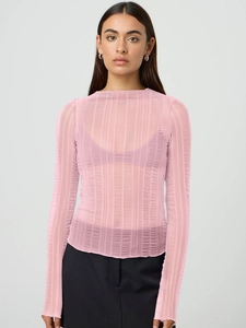 Pink sheer long sleeve ribbed t-shirt for women with crew neck and slim fit style