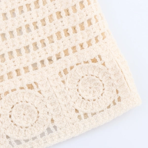 Summer hollow knit long vest dress with handmade crochet floral pattern in cream beige